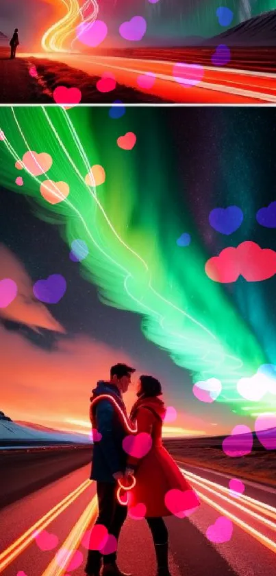 Colorful aurora borealis over a road with a romantic couple in vibrant digital art.