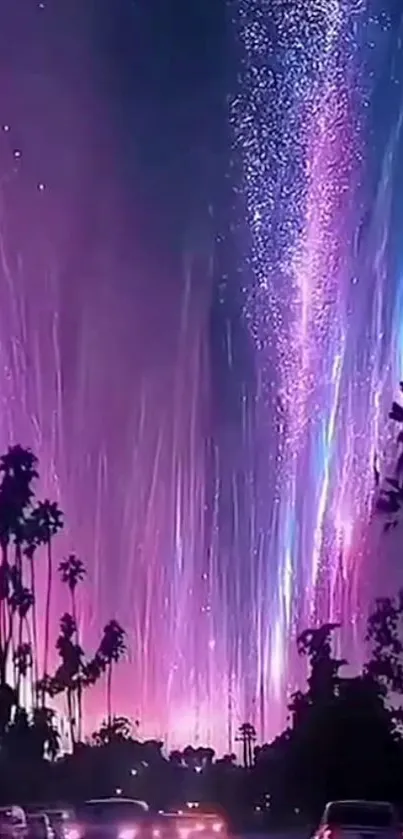 Vibrant aurora sky with palm silhouettes and colorful night glow.