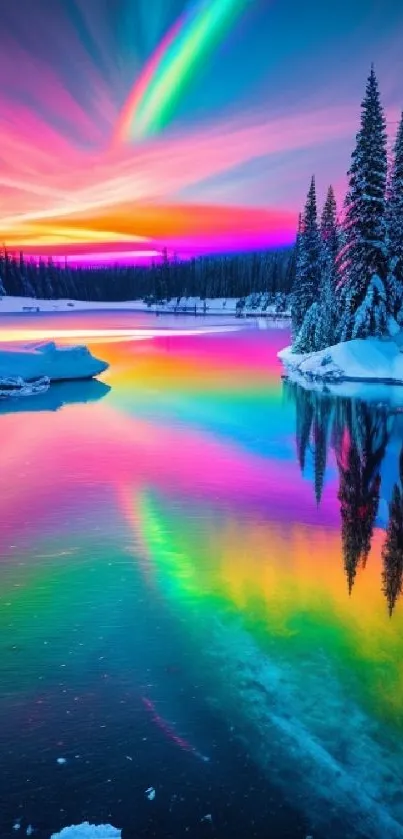 Colorful aurora reflecting off a snow-covered lake at sunset.