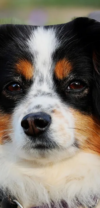 Close-up of an Australian Shepherd with tricolor fur and expressive eyes.