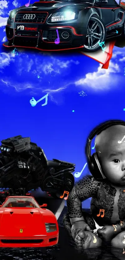 Wallpaper with cars, motorbike, baby, and blue sky.