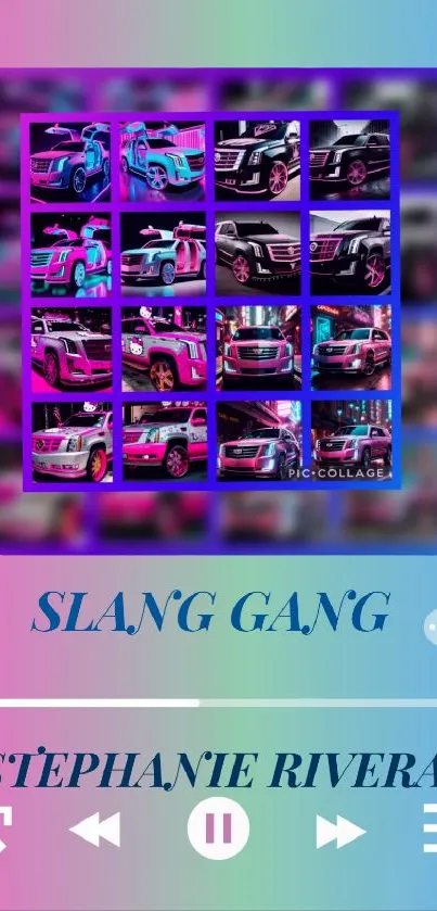 Vibrant phone wallpaper with car collage and bold colors.