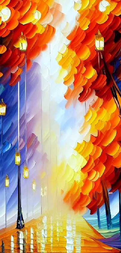 Vibrant abstract art wallpaper with autumn colors and streetlights.