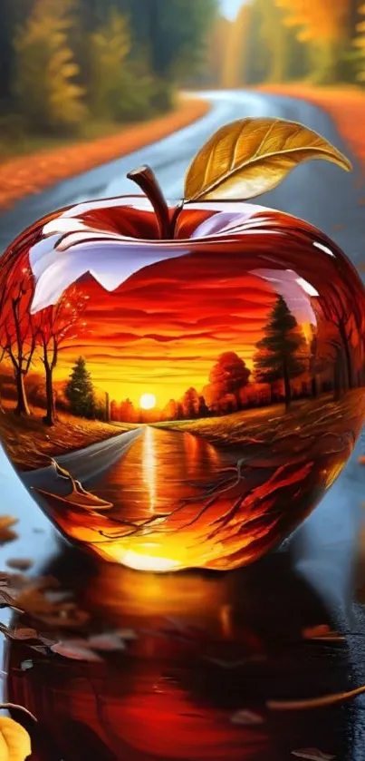 An apple with autumn landscape reflects on a leaf-lined road.