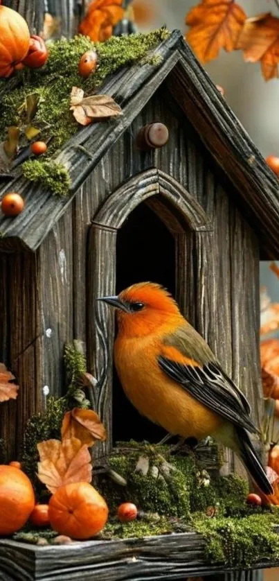 Autumn birdhouse with vibrant orange bird.
