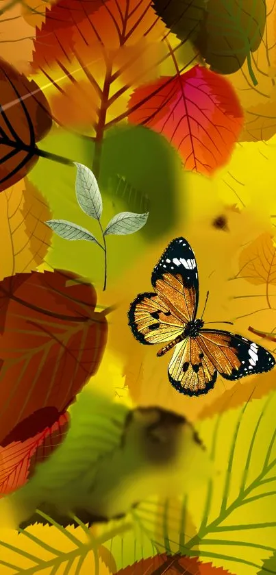 Vibrant butterfly on autumn leaves background wallpaper.