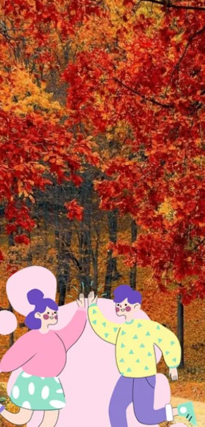 Cartoon characters in vibrant autumn scene with colorful leaves.