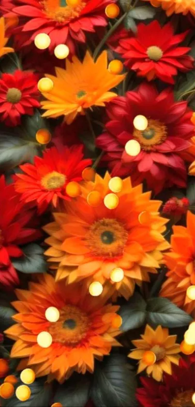 Vibrant autumn floral wallpaper with red and orange flowers.