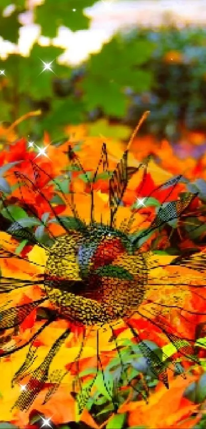 Colorful autumn leaves with artistic design on a mobile wallpaper.