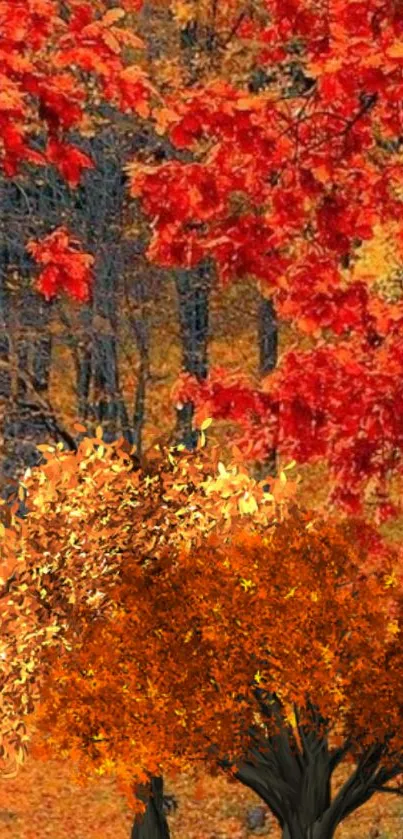 Autumn landscape with vibrant red foliage and a forest backdrop.