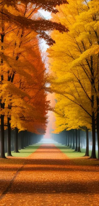 Vibrant autumn forest path with orange and yellow foliage.