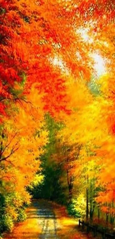 Vibrant autumn forest pathway with vivid orange foliage.
