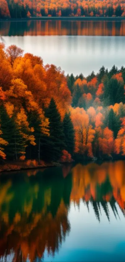 Vibrant autumn forest reflecting on calm waters, showcasing bold orange and red foliage.