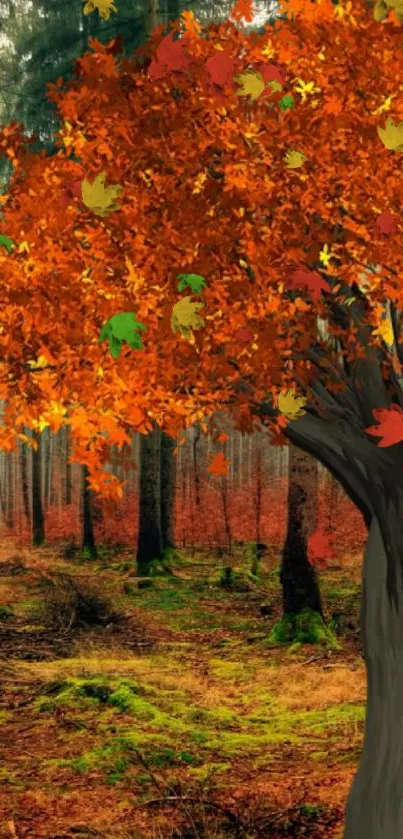 Vibrant orange tree in autumn forest scene.