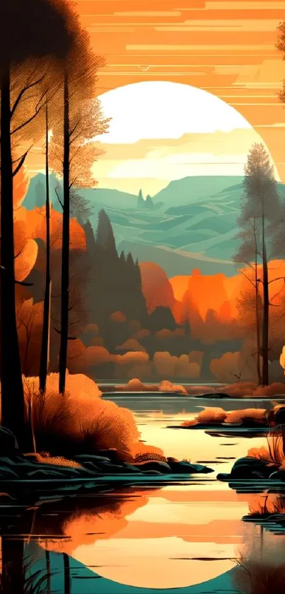 Vibrant autumn forest with sunset and orange hues reflecting on water.