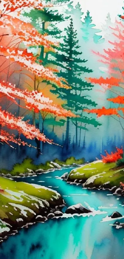 Vibrant autumn forest scene with a streaming river.