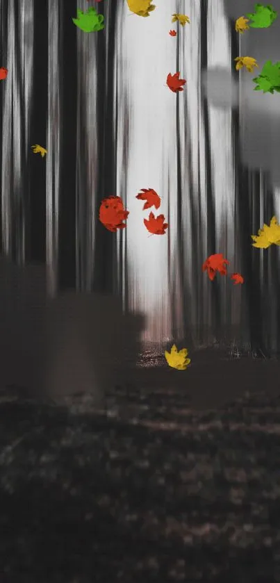 Colorful autumn leaves in a monochrome forest wallpaper.