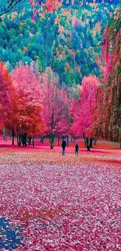 Vibrant pink leaves in an autumn forest landscape wallpaper.