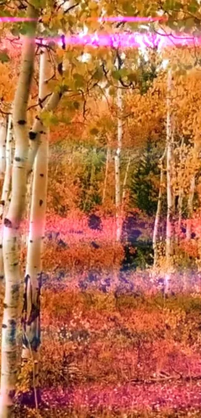 Autumn birch forest with neon pink accents.