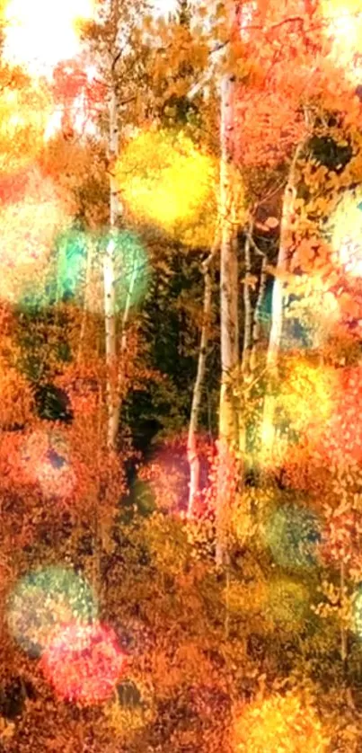 Vibrant autumn forest with bokeh lighting effects and orange foliage.