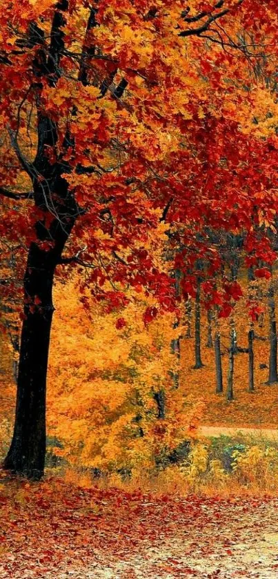 Vibrant autumn forest with red and orange leaves.