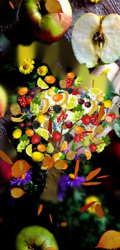 Artistic wallpaper with fruits and autumn leaves on a textured background.