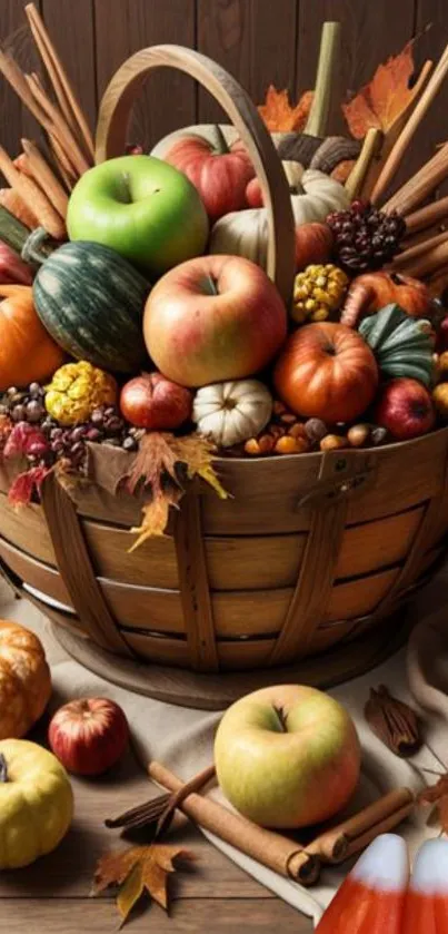 An autumn harvest basket overflowing with pumpkins, apples, and fall leaves.