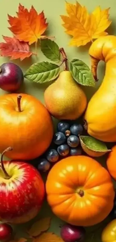 Vibrant display of autumn fruits and leaves arranged stylishly.