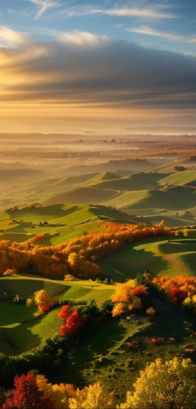 Vibrant autumn hills under a golden sunset sky.