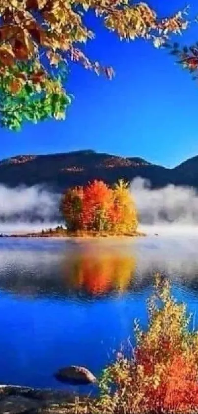 Vibrant autumn island with misty lake and colorful trees.