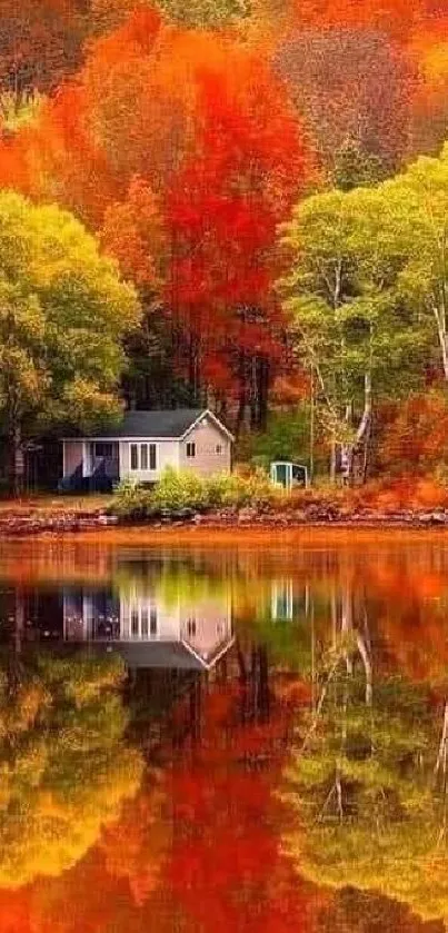 Autumn landscape with lake reflection and cabin, vibrant colors.