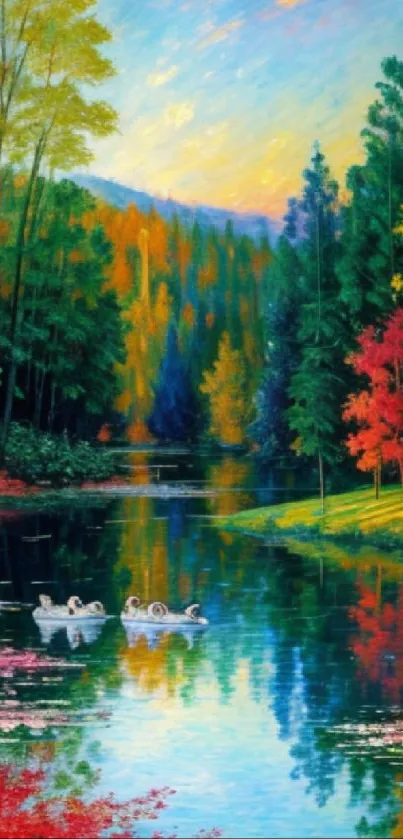 Colorful autumn landscape with lake reflection and vibrant trees.