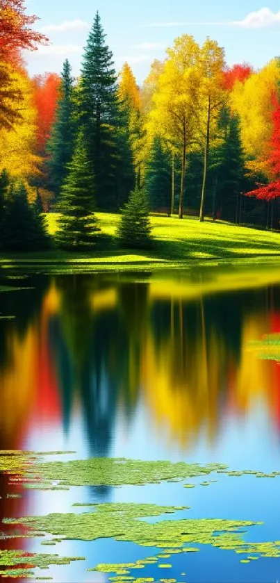 Vibrant autumn scene with colorful trees reflecting in a calm lake.