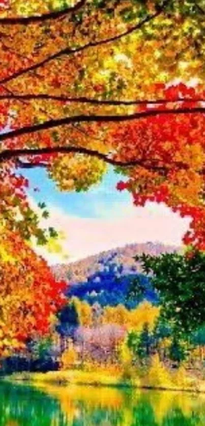 Vibrant autumn scene with colorful trees by a lake.