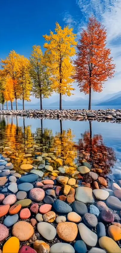 Colorful autumn trees reflecting in the lake with stones in foreground.