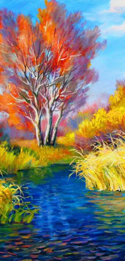 Vibrant autumn landscape art with colorful trees and a serene blue river.