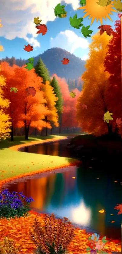 Vibrant autumn landscape wallpaper featuring colorful foliage and a peaceful river.