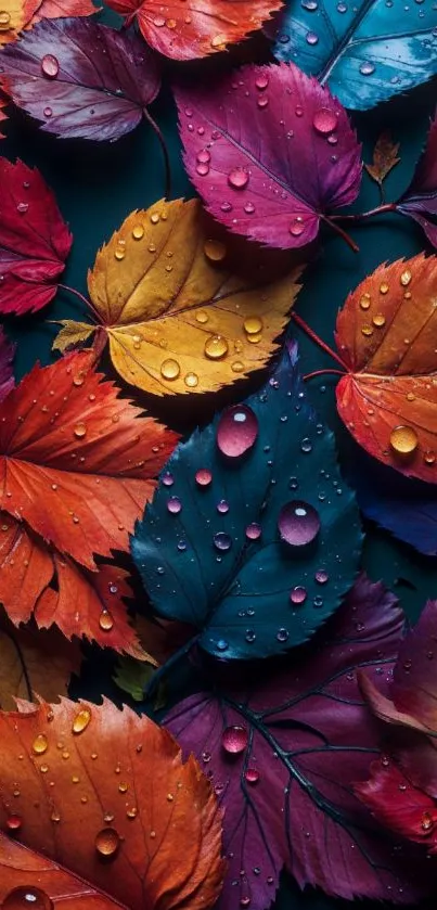 Vibrant colorful leaves with dewdrops in an artistic pattern.