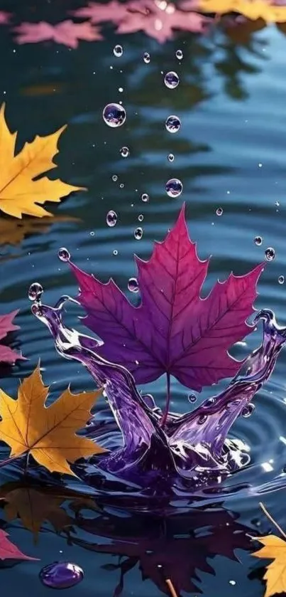 Vivid purple leaf splashes in serene autumn water.