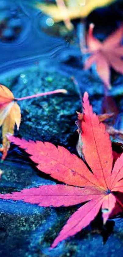 Vibrant red maple leaf on water in autumn scene.