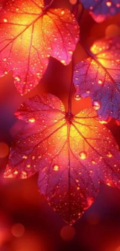 Close-up of illuminated autumn leaves with dew drops.