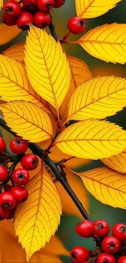 Bright yellow leaves and red berries in autumn theme wallpaper.