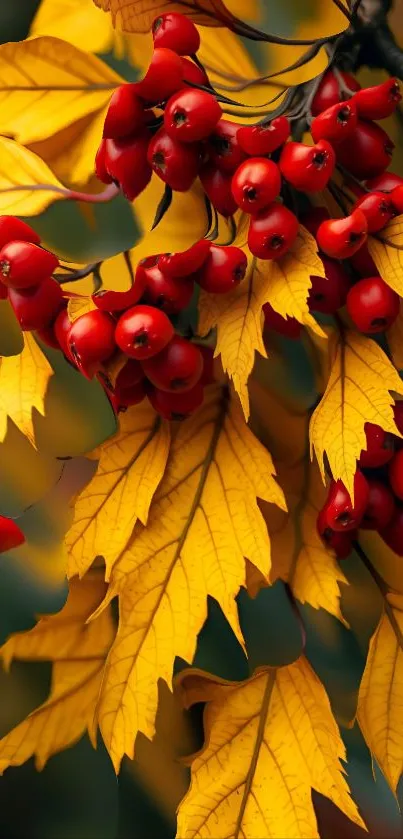 Yellow leaves and red berries in vibrant autumn scenery.