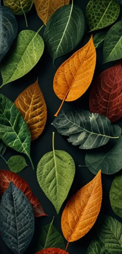 Vibrant wallpaper featuring colorful autumn leaves on a dark background.