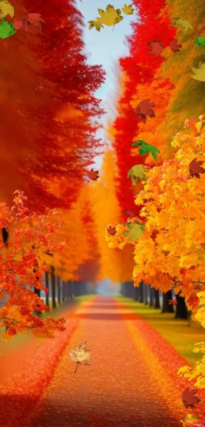 Scenic orange and red autumn foliage line a picturesque woodland path.