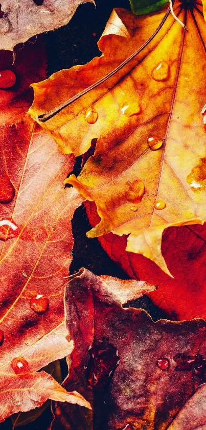 Colorful autumn leaves with water droplets.