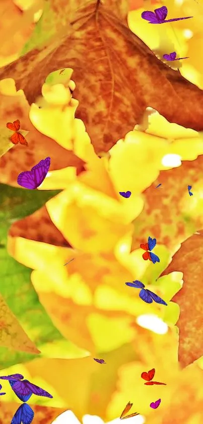 Beautiful yellow autumn leaves with colorful butterflies.