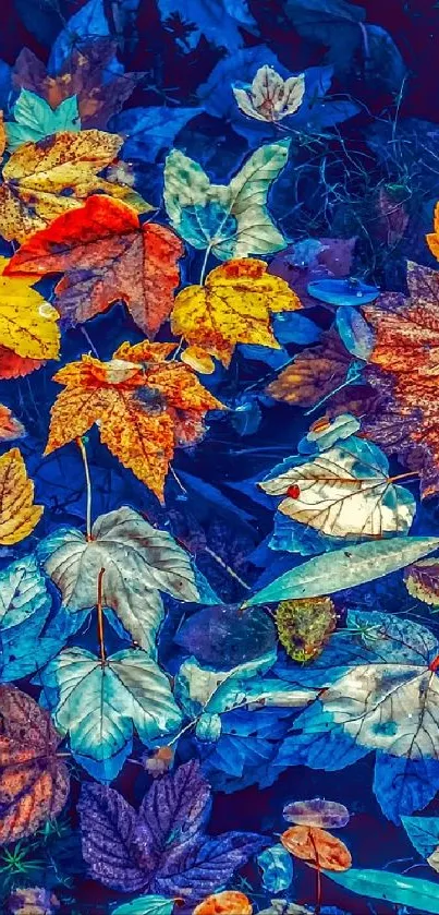 Vibrant orange and blue autumn leaves wallpaper.