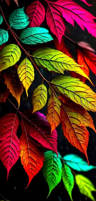 Vibrant autumn leaves in bold colors on a dark background.