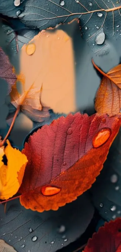 Vibrant autumn leaves with raindrops on teal background.